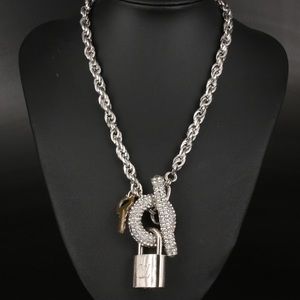 Auth. Vintage Vuitton Silver Padlock on Silver Pavé Accented Necklace